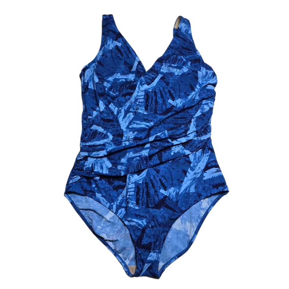 18 L.L.Bean UPF 50+ Blue Abstract Ruched Crossover One-Piece Bathing Suit